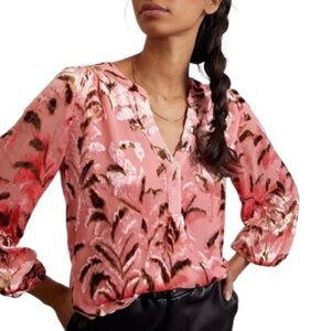 Anthropologie Lori Burnout Velvet Blouse Silk Blend Metallic Top NWOT Size XL